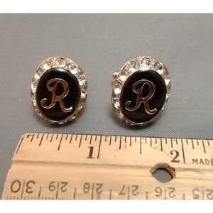Vtg‎ Gold Tone Cufflinks Initial R Black Enamel Rhinestone Oval Business Formal